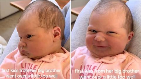 Νεογέννητο κοριτσάκι... λιώνει με το φιλί του μεγάλου του αδερφού!